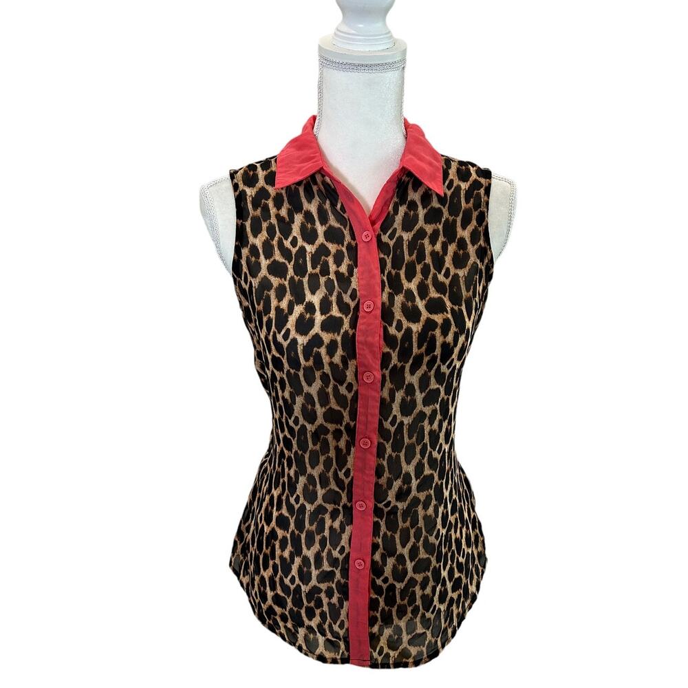Ali & Kris Button Down Sleeveless Leopard Animal Print Sheer Blouse Size Small - Picture 2 of 11